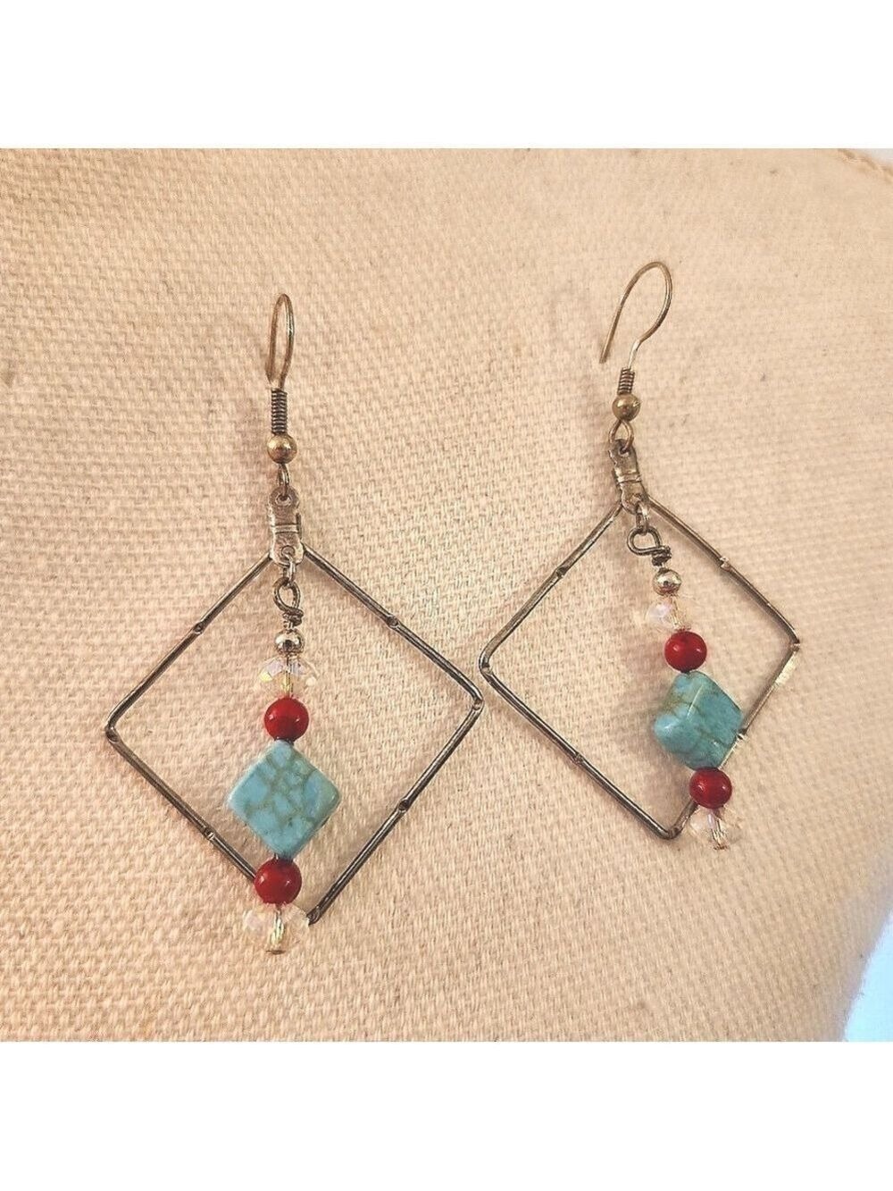 Earrings Turquoise and Red Dangle 3" Long Fish Hooks Nepal Acrylic Southwestern